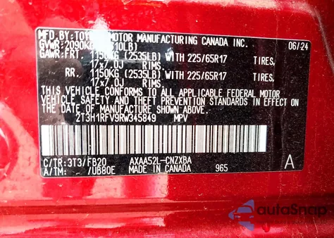 2024 Toyota Rav4 Le from USA, damaged, VIN 2T3H1RFV9RW345849